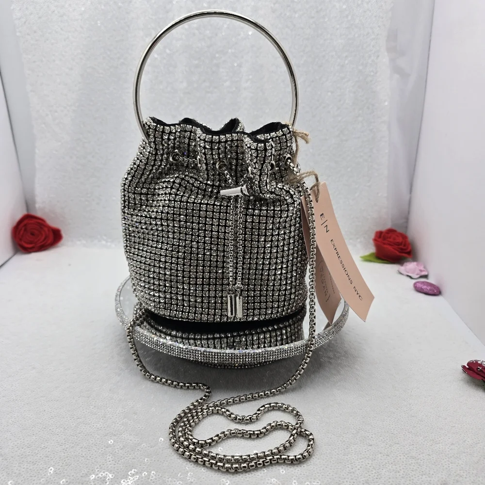 E|N Expressions NYC Rhinestone Small Bucket Bag Top Handle Shoulder Silver-tone